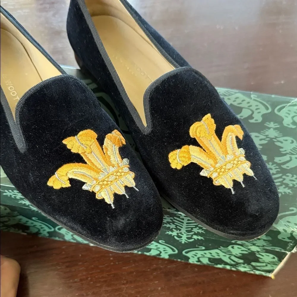 Stubbs & Wootton Black Velvet Loafers with Gold Fleur-de-Lis